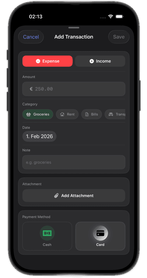 Add transaction screen