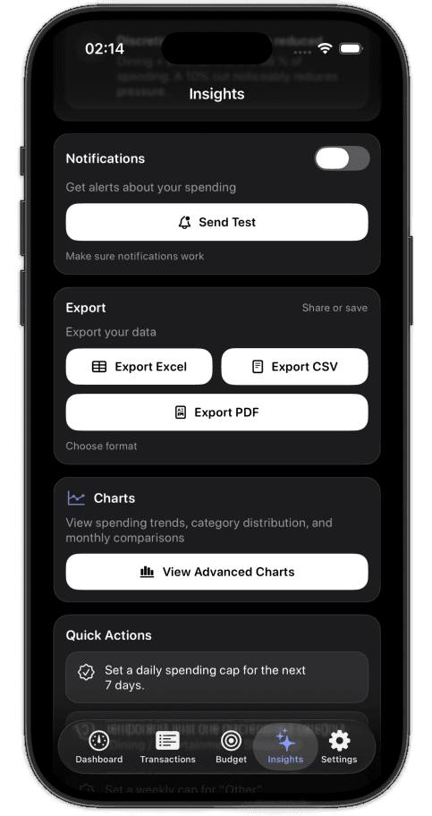 Export and charts screen