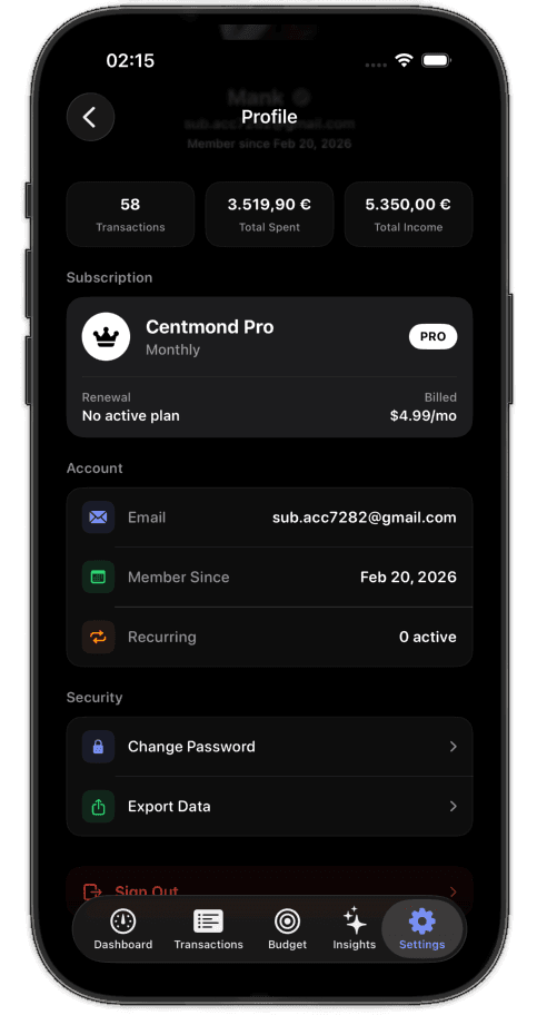 Profile and subscription screen