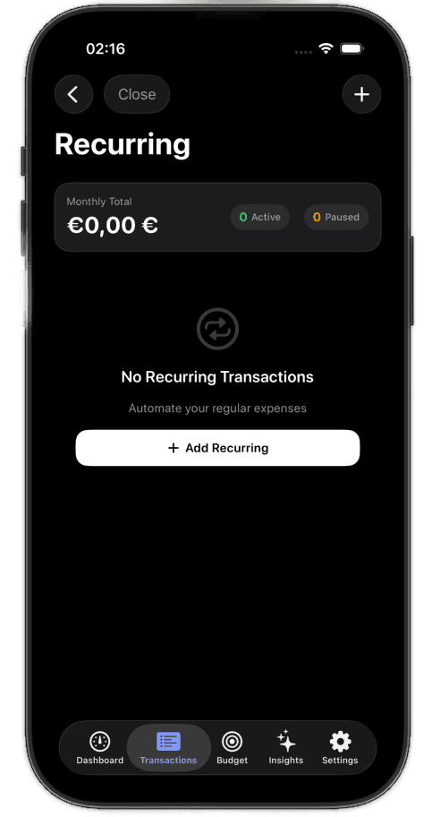 Recurring transactions screen