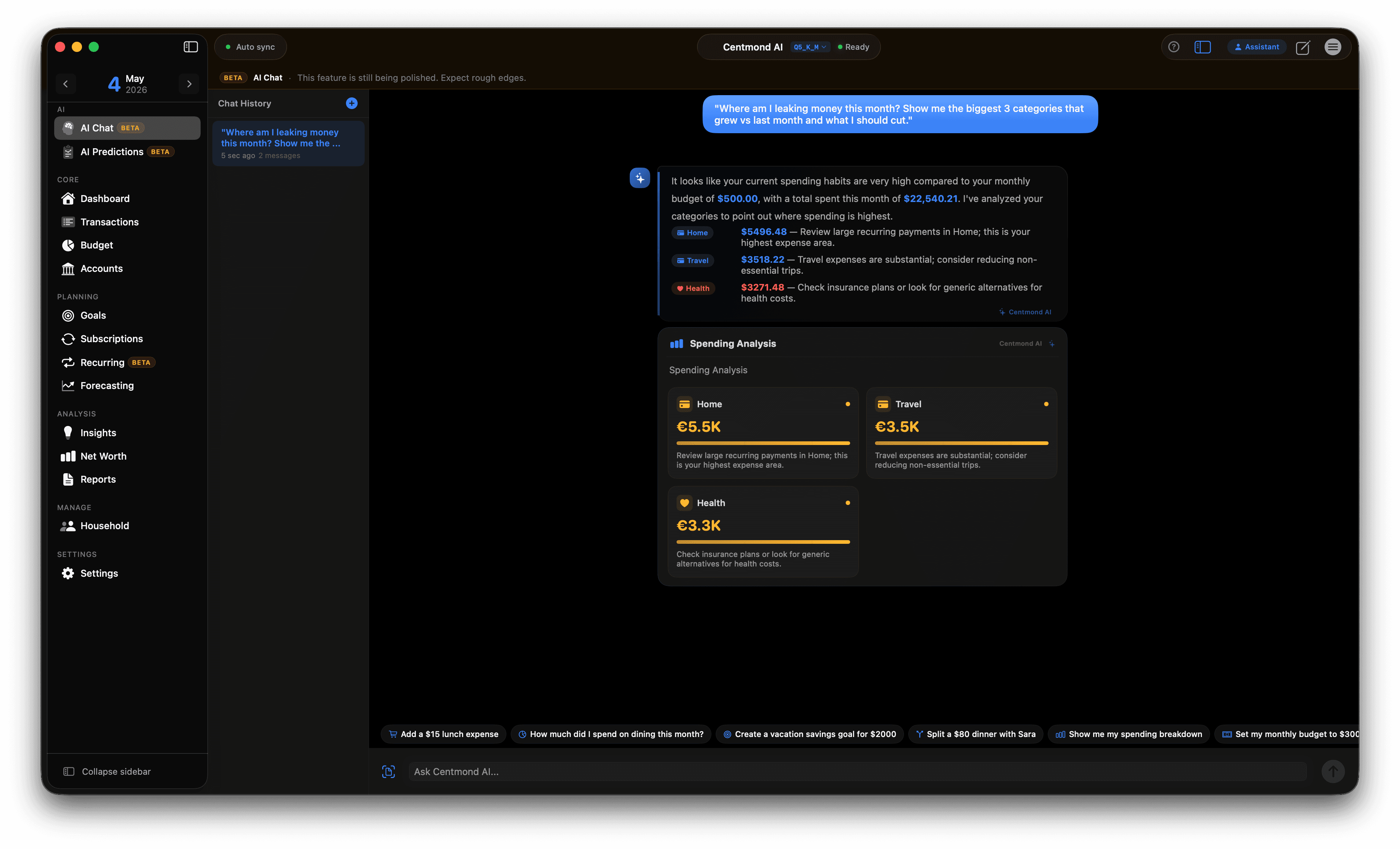 AI Chat, categorized spending analysis