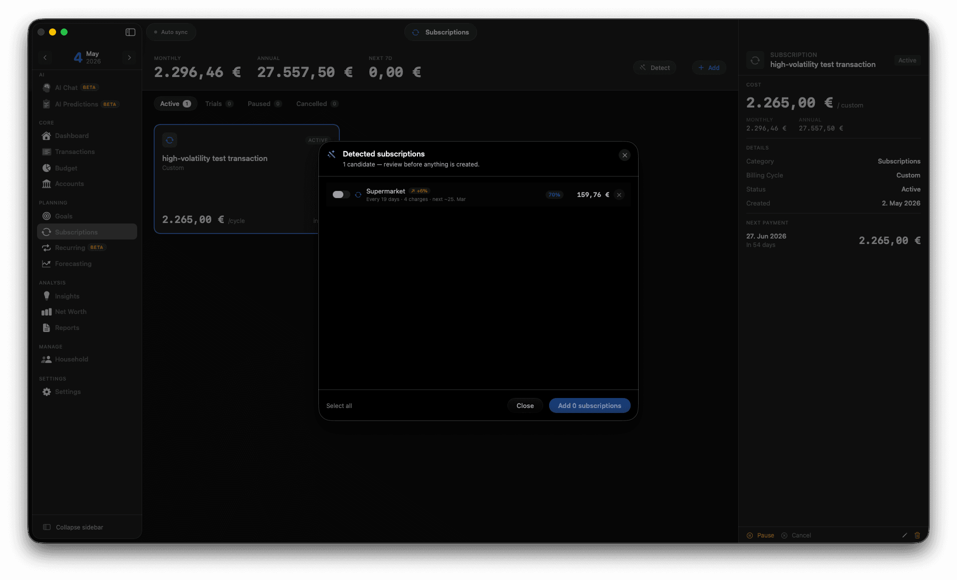 Centmond Subscriptions. Auto detected recurring charges with monthly and annual rollup.